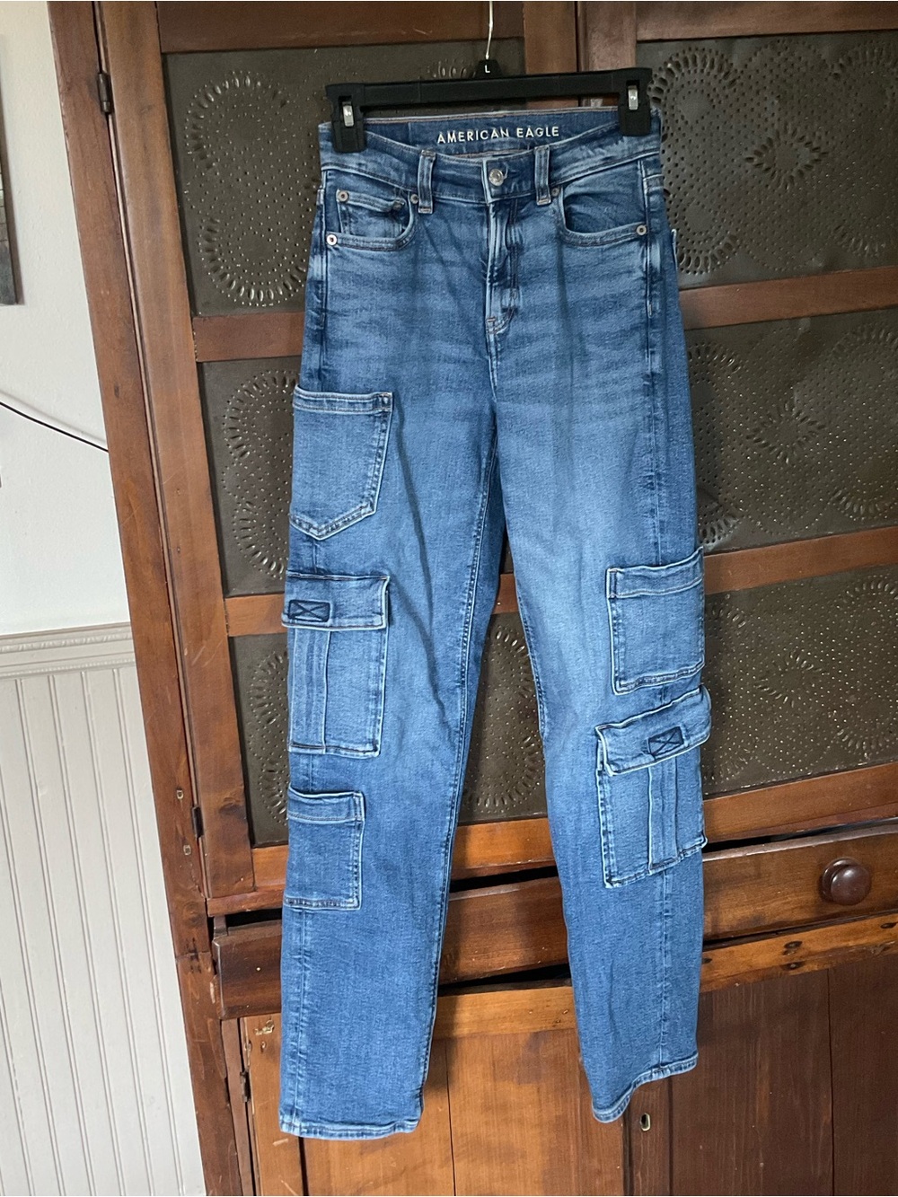 American Eagle Super High Rise Baggy Straight Cargo Jeans 000